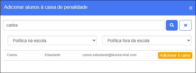 Janela Adicionar alunos à Caixa de Penalidade — selecionar políticas