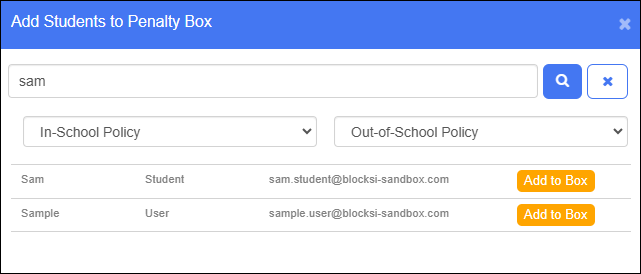 Add Students to Penalty Box Window - Select Policies