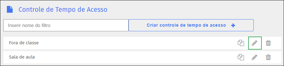 Tela Controle de horário de acesso — ícone de editar