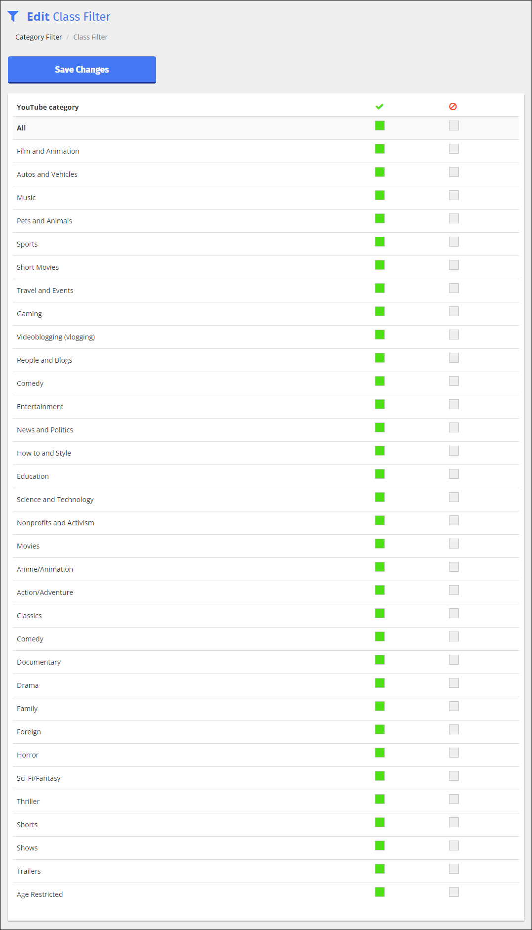YouTube Category Filter Edit Screen