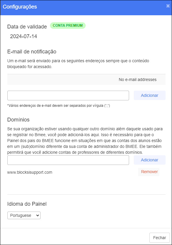 Janela de configurações do painel do administrador - Domínio selecionado