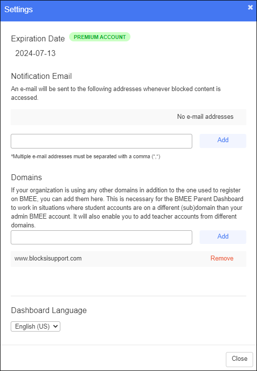 Admin Dashboard Settings Window - Selected Domain