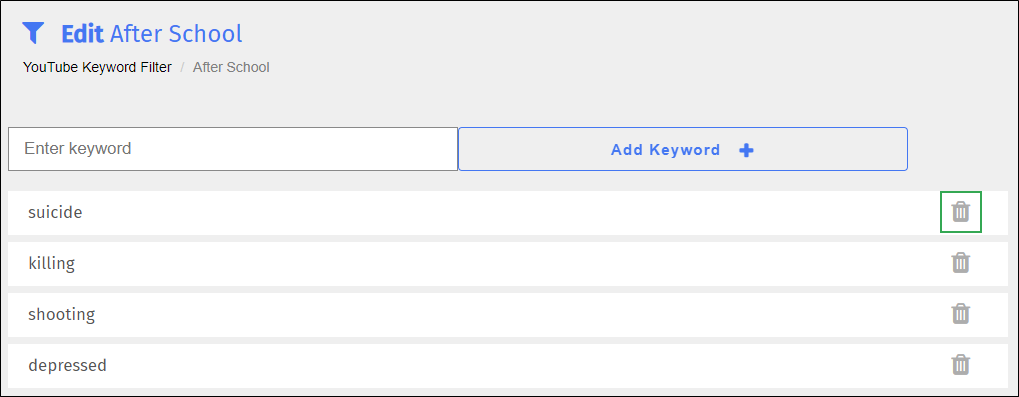 YouTube Keyword Filter Edit Screen - Delete Icon YouTube Keyword Filter Edit Screen - Delete Icon