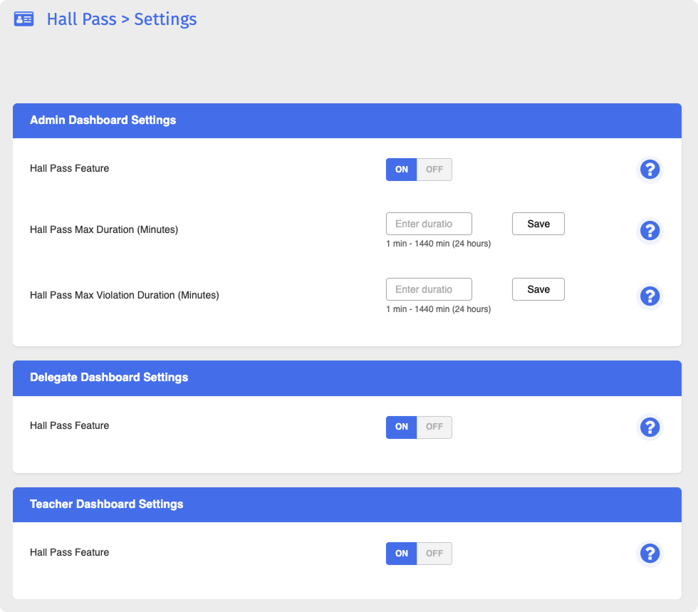Configurações do Hall Pass