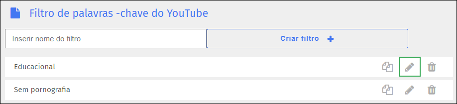 Tela do filtro de palavras-chave do YouTube — ícone de editar