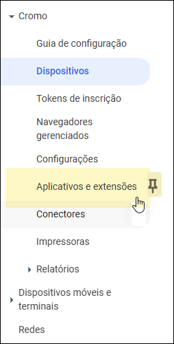 Google Admin Console - Selecione aplicativos e extensões