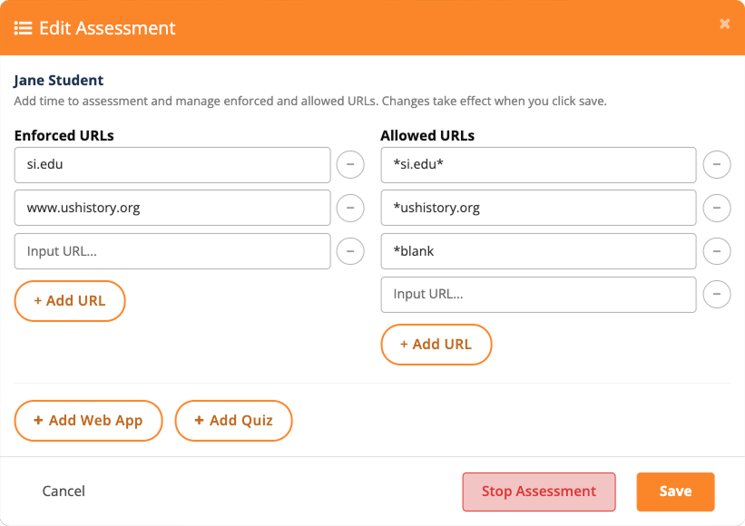 Edit Assessment for Individual Student Window