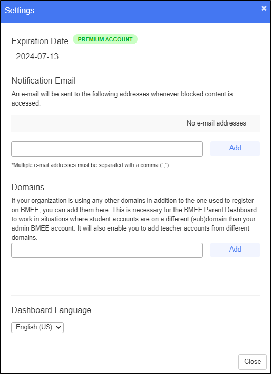 Admin Dashboard Settings Window