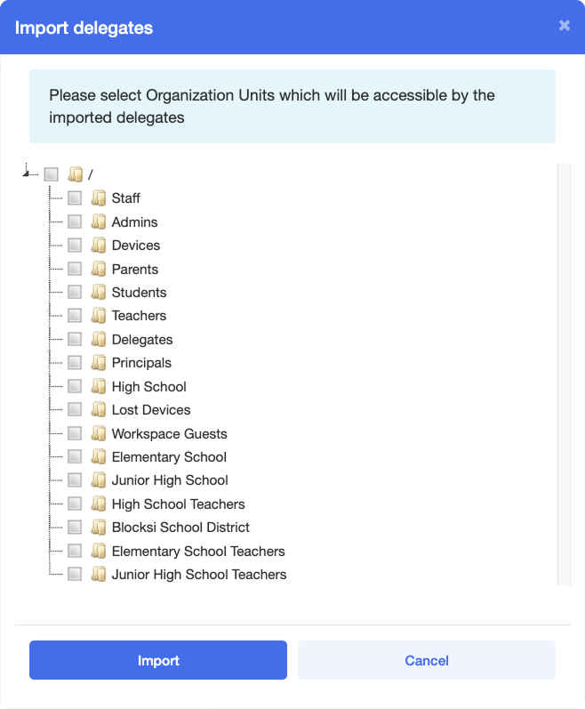 Janela Importar delegados — selecionar UOs delegadas