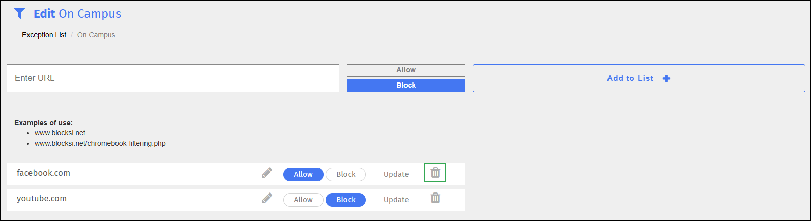 Exception List Edit Screen - Delete Icon