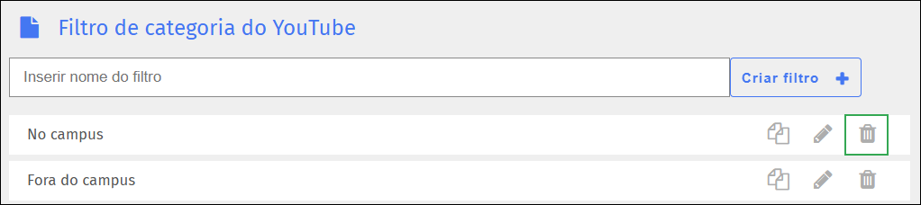 Tela do filtro de categorias do YouTube — ícone de excluir