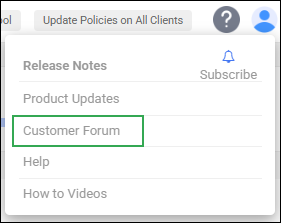 Admin Action Bar Help Icon -­ Customer Forum Option