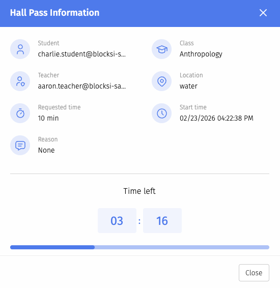 Janela de informações do Hall Pass
