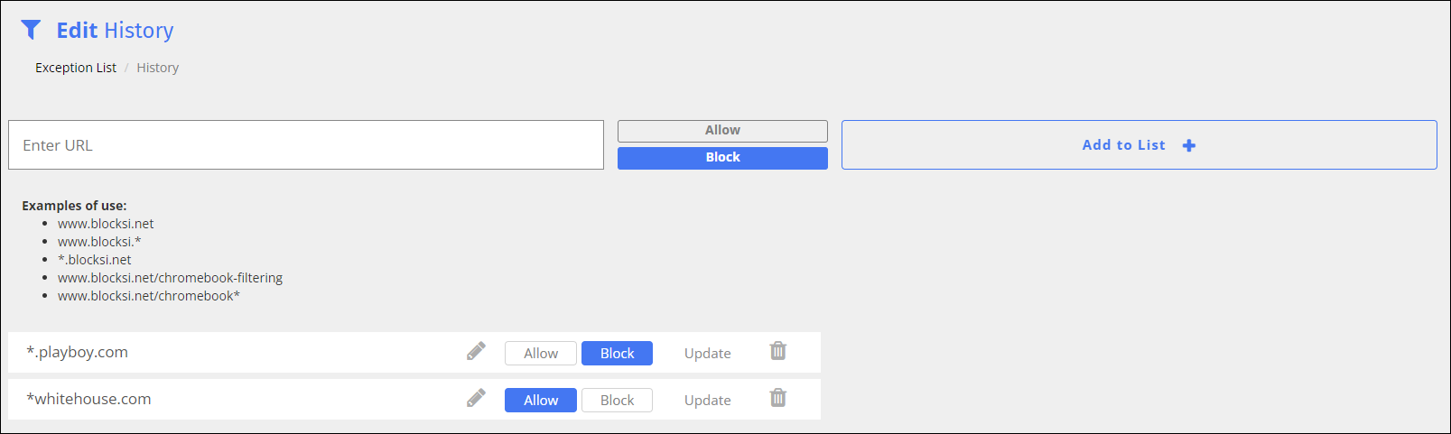 Exception List Edit Screen