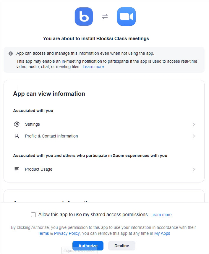 Zoom App Marketplace Authorization App Page