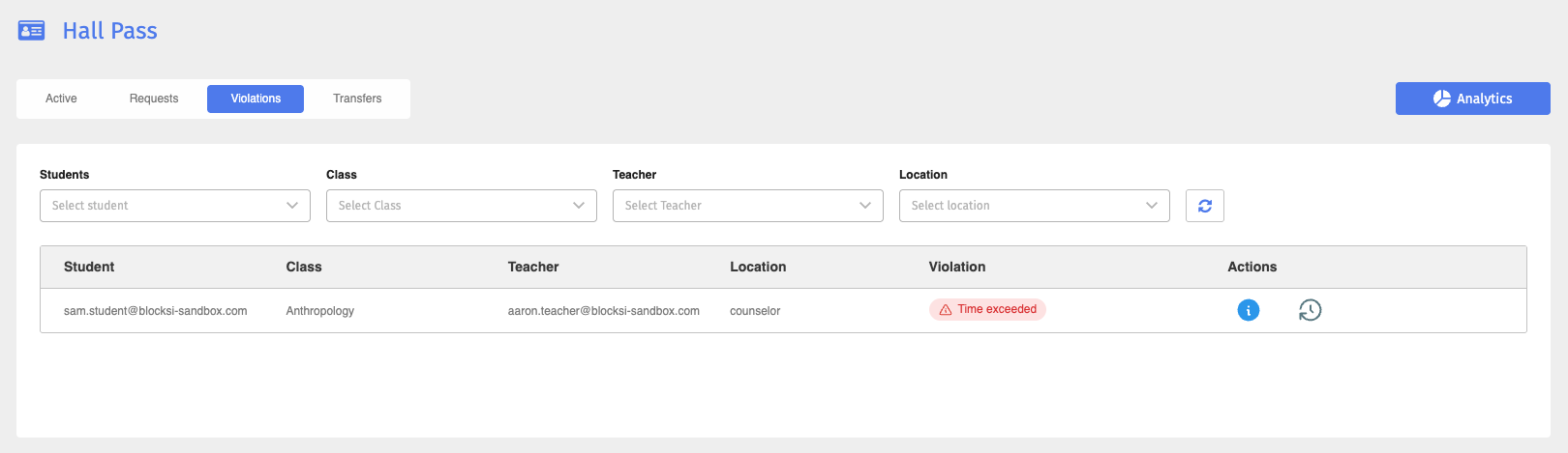 Hall Pass Violations Tab