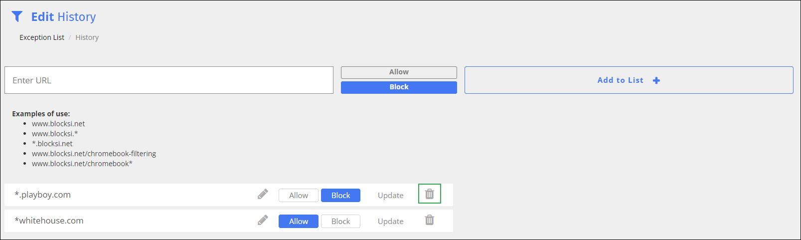 Exception List Edit Screen - Delete Icon