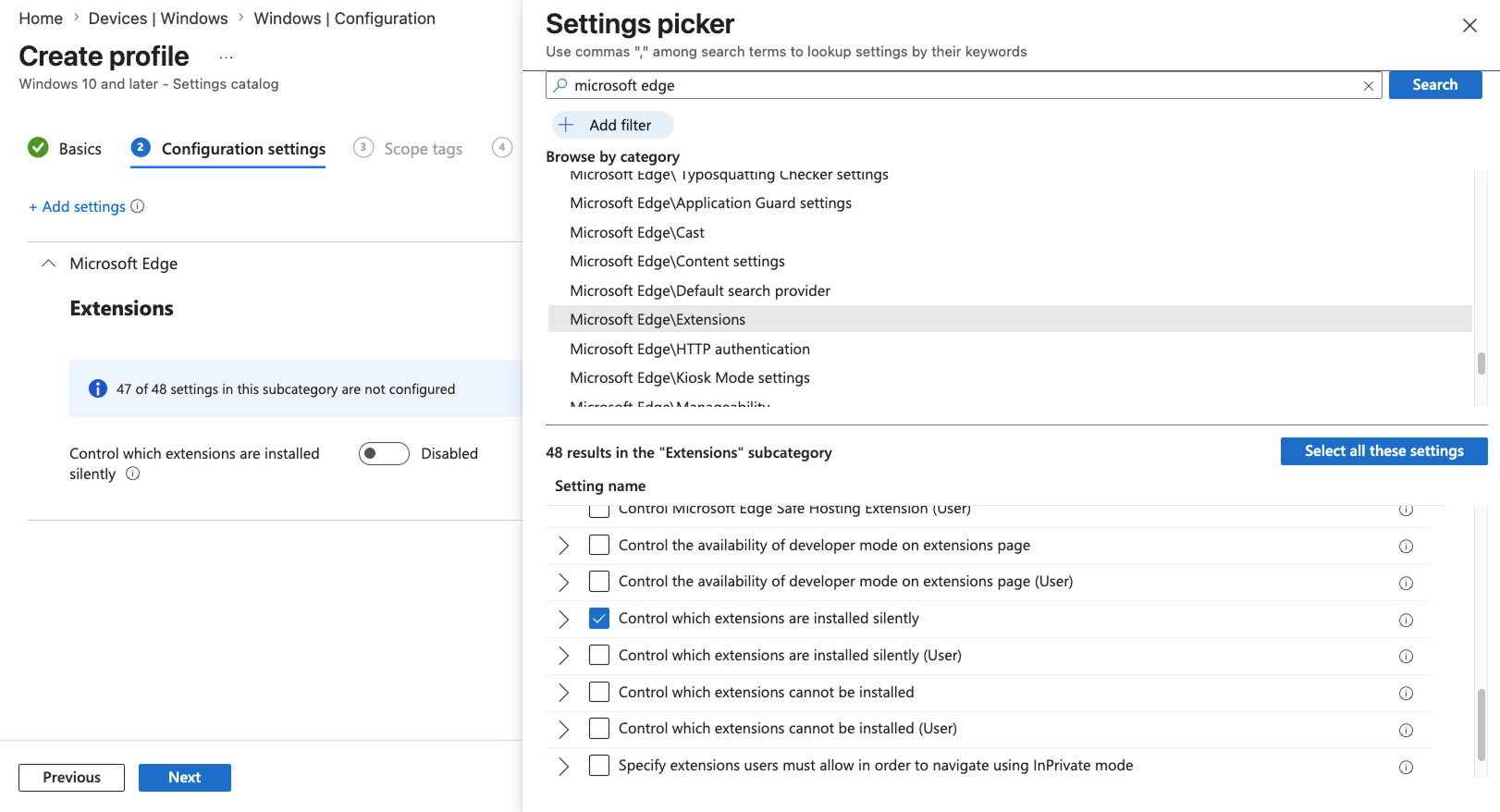 Tela do seletor de configurações - Crie um perfil