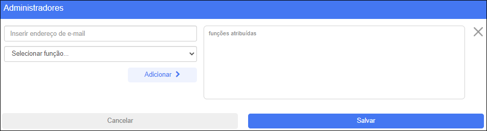 Tela Administradores e funções — campos de administrador