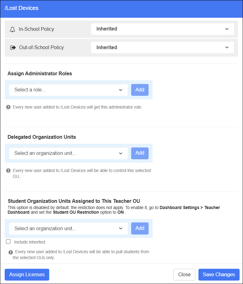 Google Workspace Organizational Unit Screen - Assign Licenses