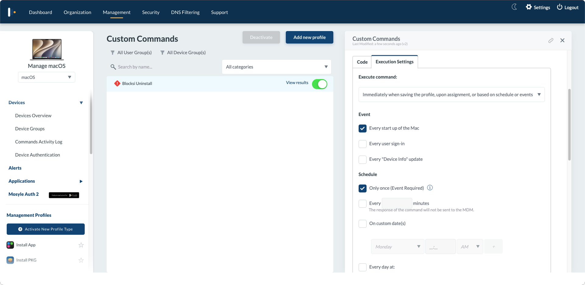 Configurações de execução para comandos personalizados