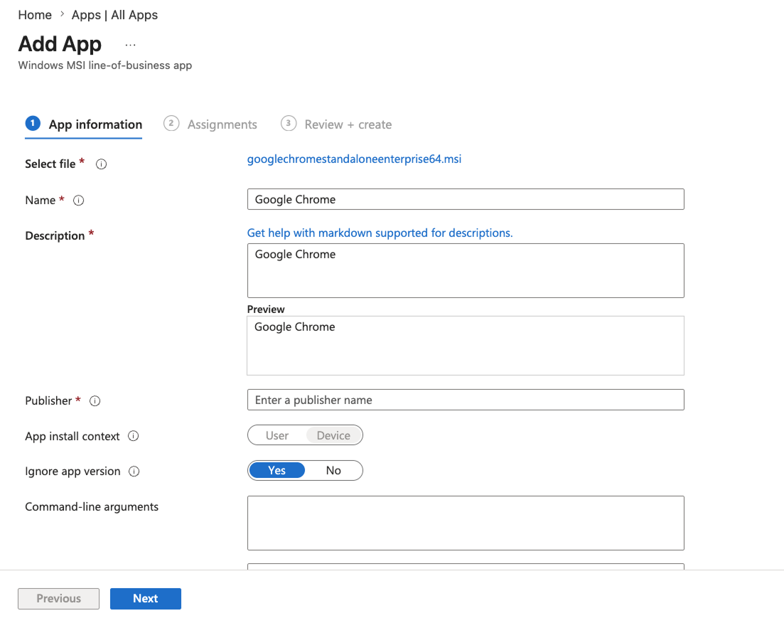 Aba de informações do aplicativo - Adicionar aplicativo