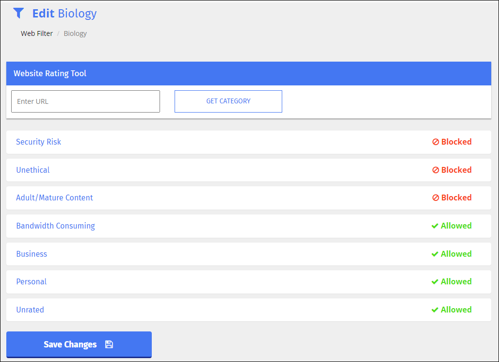 Web Filter Edit Screen