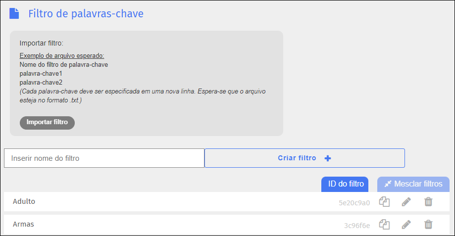 Tela Filtro de palavras-chave