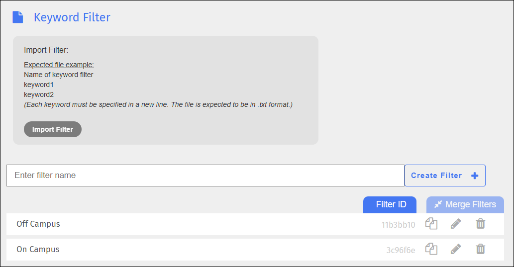 Keyword Filter Screen
