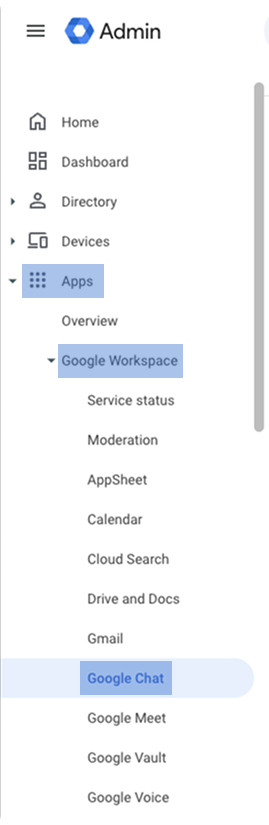 Caminho para o Google Chat