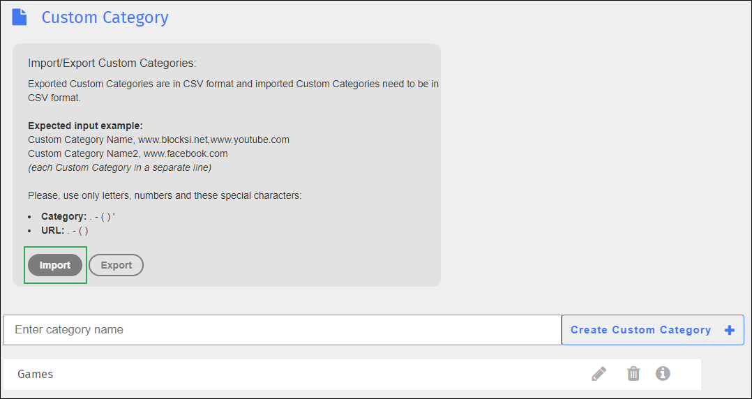 Custom Category Screen - Import Button
