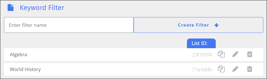 Keyword Filter Screen