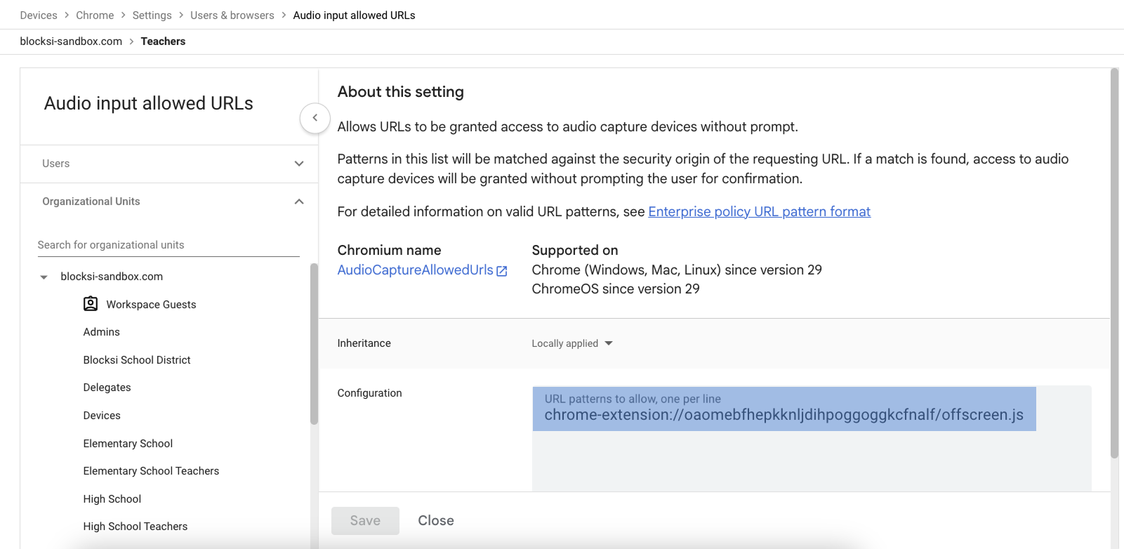 Configuração Audio input allowed URLs