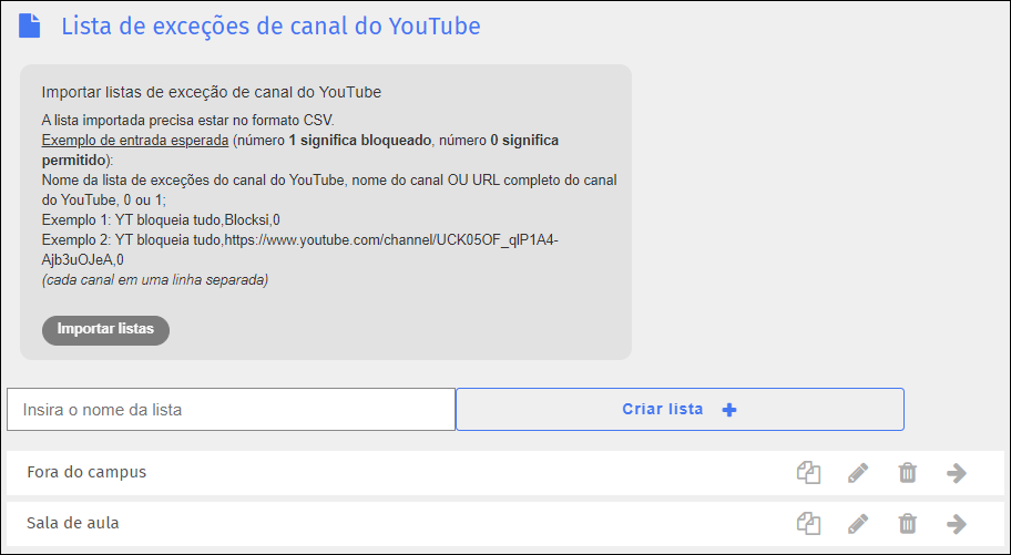 Tela da lista de exceções de canais do YouTube