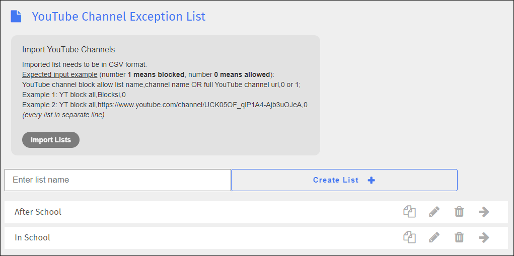 YouTube Channel Exception List Screen YouTube Channel Exception List Screen