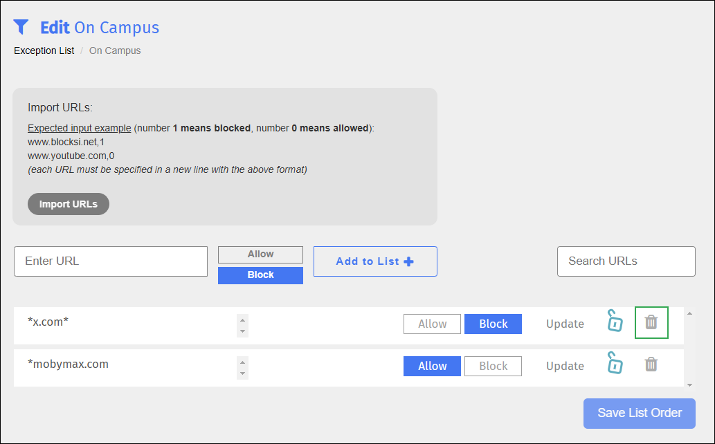 Exception List Edit Screen - Delete Icon