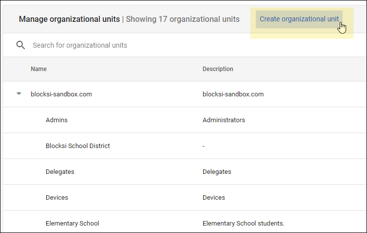 Google Admin Console - Create Organizational Unit