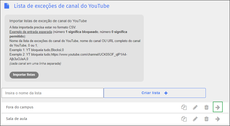 Tela da lista de exceções de canais do YouTube — ícone de exportar