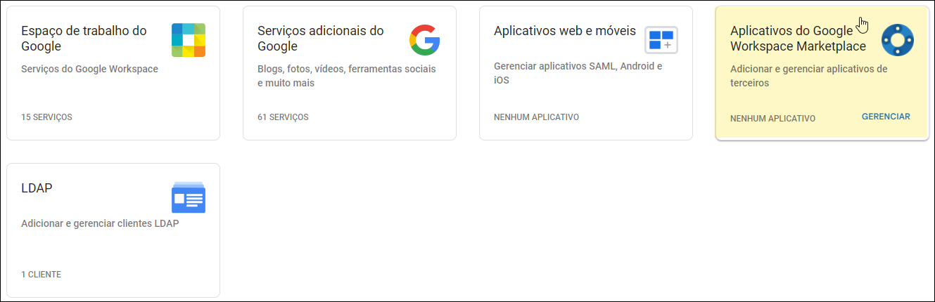 Google Admin Console - Selecione aplicativos do Workspace