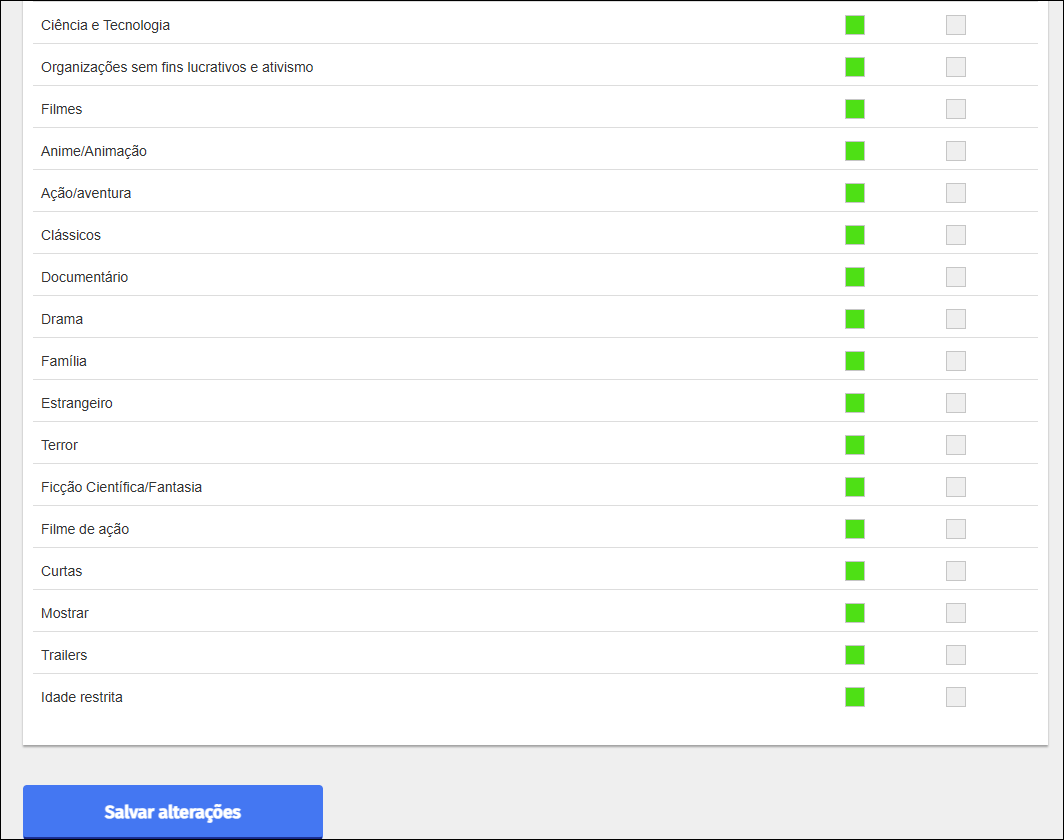 Tela de edição do filtro de categorias do YouTube — parte dois