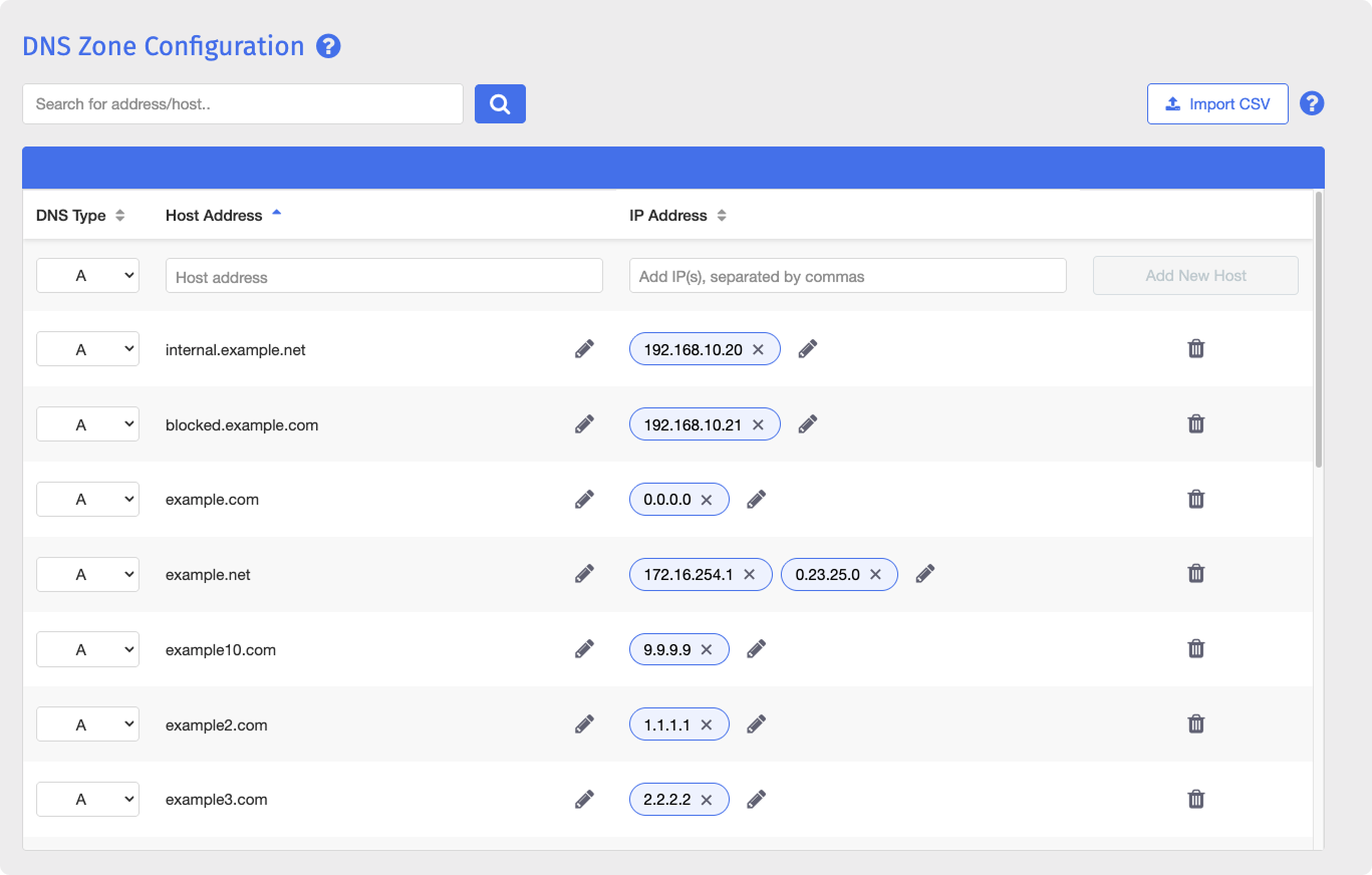 Seção de configuração da zona DNS