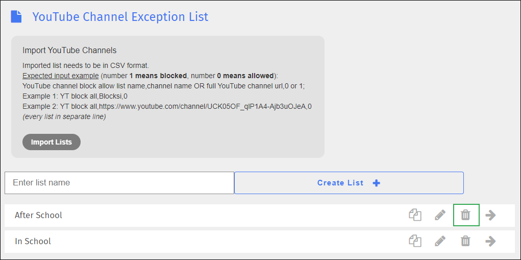 YouTube Channel Exception List Screen - Delete Icon YouTube Channel Exception List Screen - Delete Icon