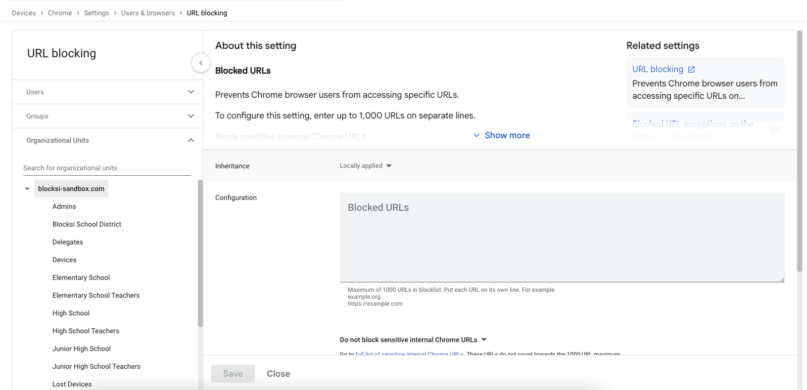 Configuração de bloqueio de URL