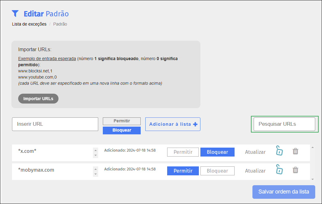 Tela de edição da lista de exceções — campo Pesquisar URLs