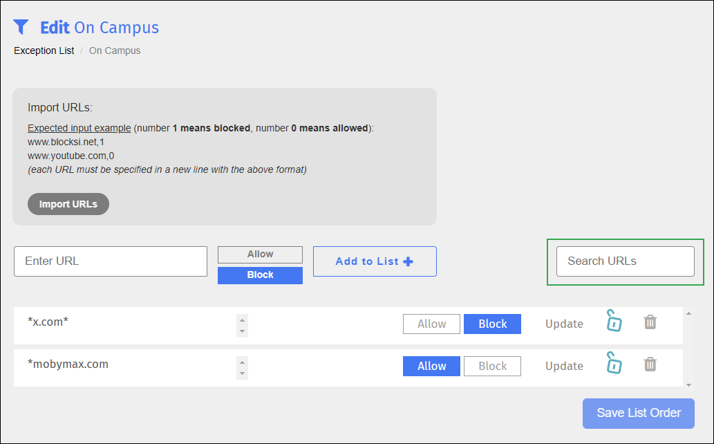 Exception List Edit Screen - Search URLs Field
