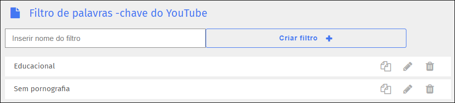 Tela do filtro de palavras-chave do YouTube