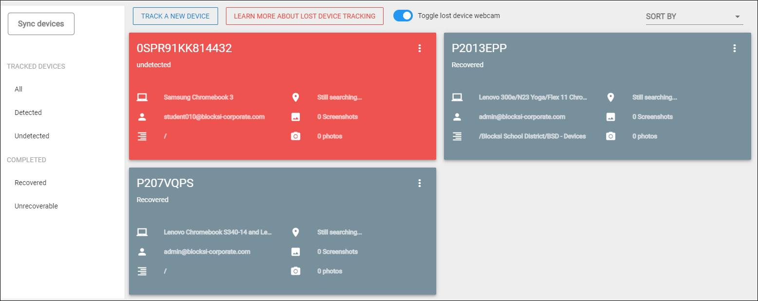 Lost and Recovered Devices Screen