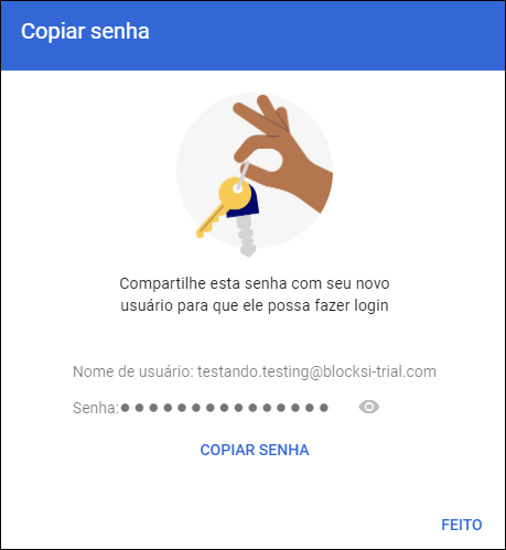 Google Admin Console - Janela de cópia de senha
