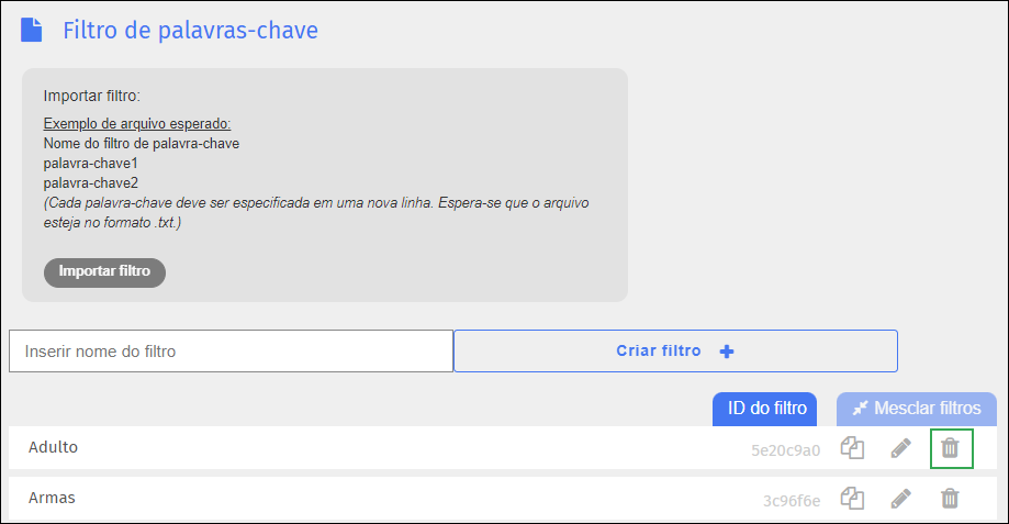 Tela Filtro de palavras-chave — ícone de excluir