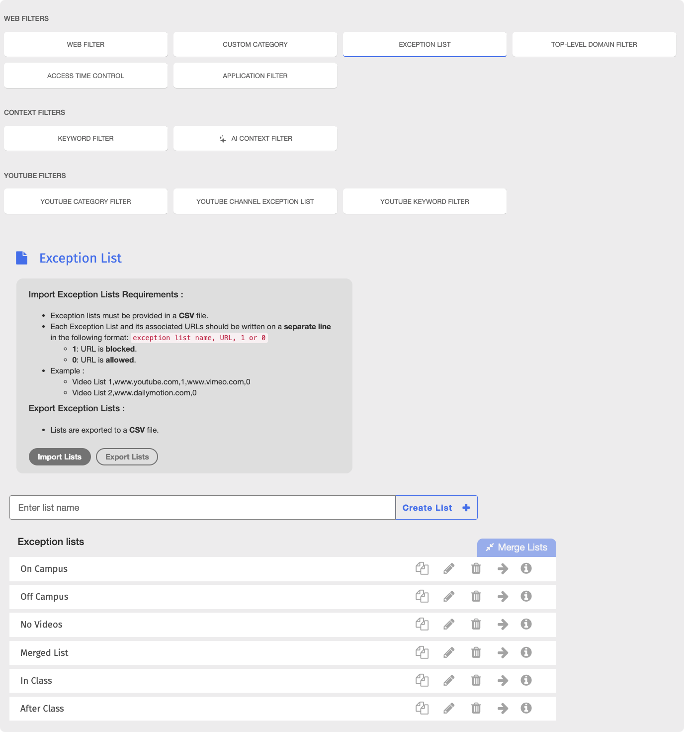 Tela Lista de exceções